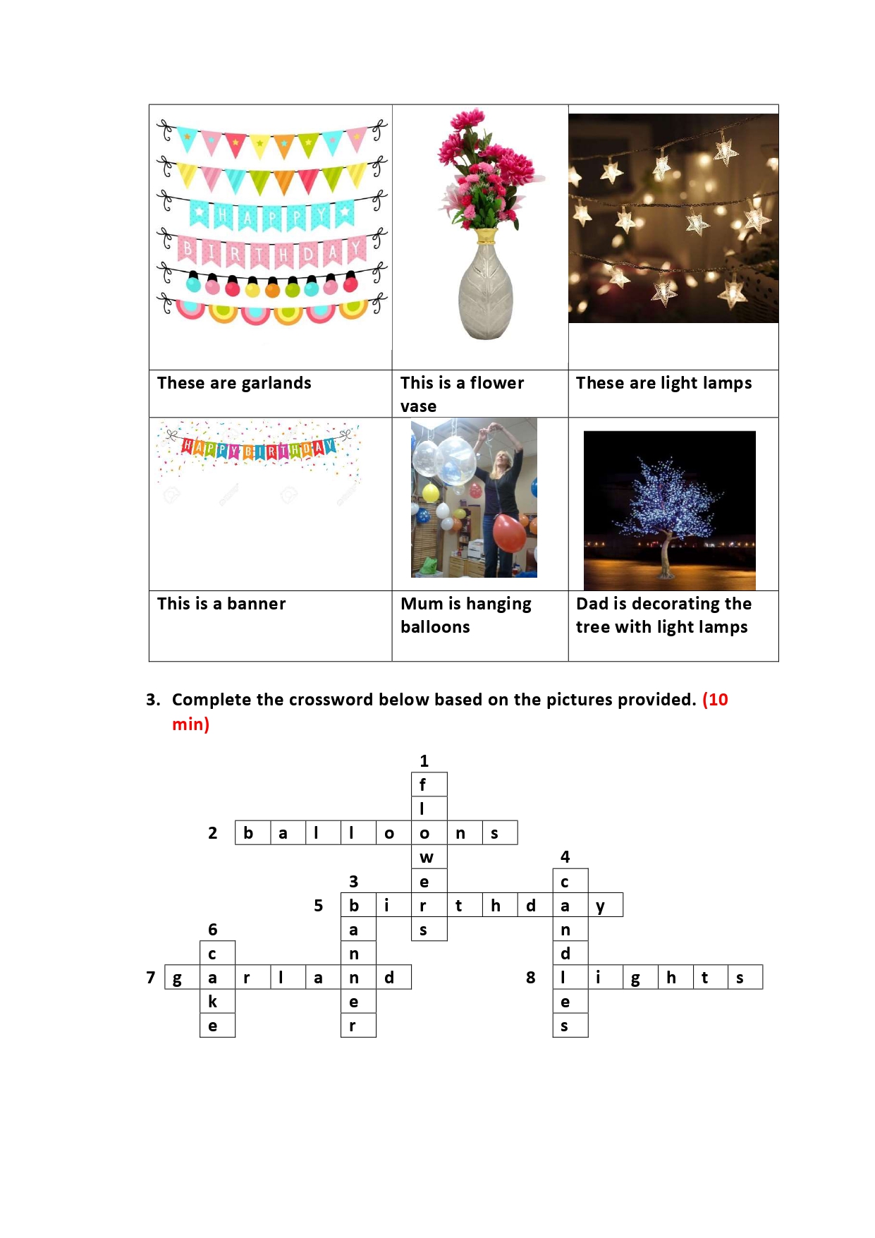 Fiche d'activité : six éléments de décoration illustrés (guirlandes, vase de fleurs, guirlande lumineuse, banderole, ballons, arbre décoré) avec leurs phrases descriptives